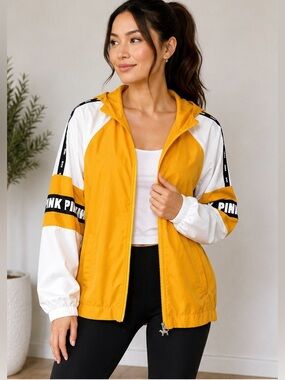 PINK Victoria’s Secret Yellow Colorblock Windbreaker Jacket Women’s XS Hooded